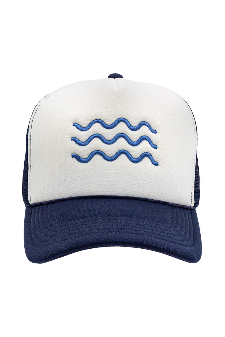 Front view of foam trucker hat with blue visor and white foam top. Breathable mesh in back of hat. Has 3 lines stacked looking like a wave.