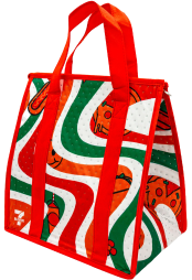 A reusable bag with color inspired by 7 Eleven brand colors