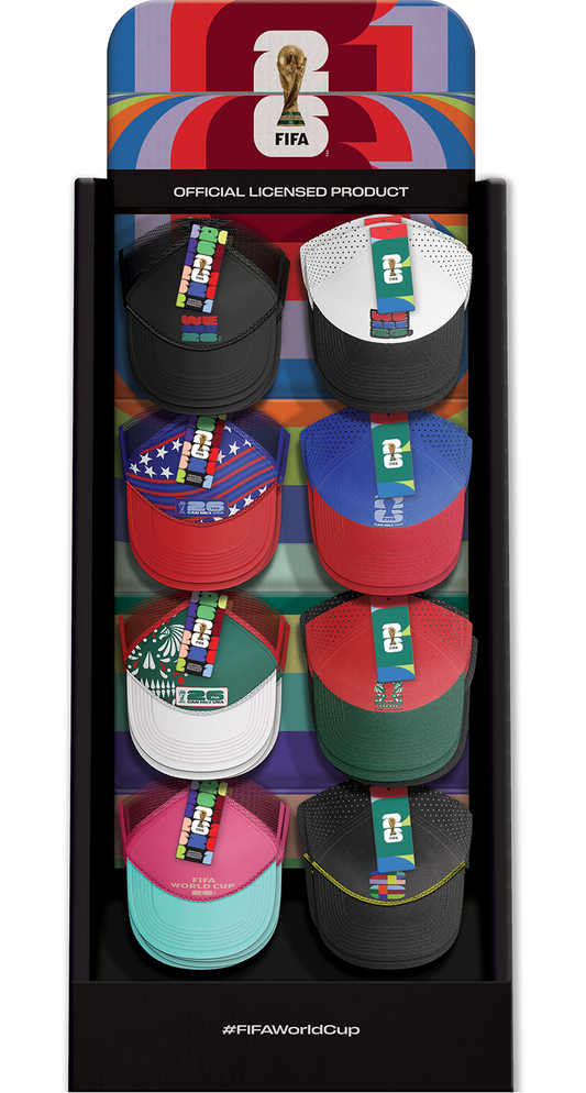 Display of FIFA World Cup caps in a colorful packaging with FIFA logo.