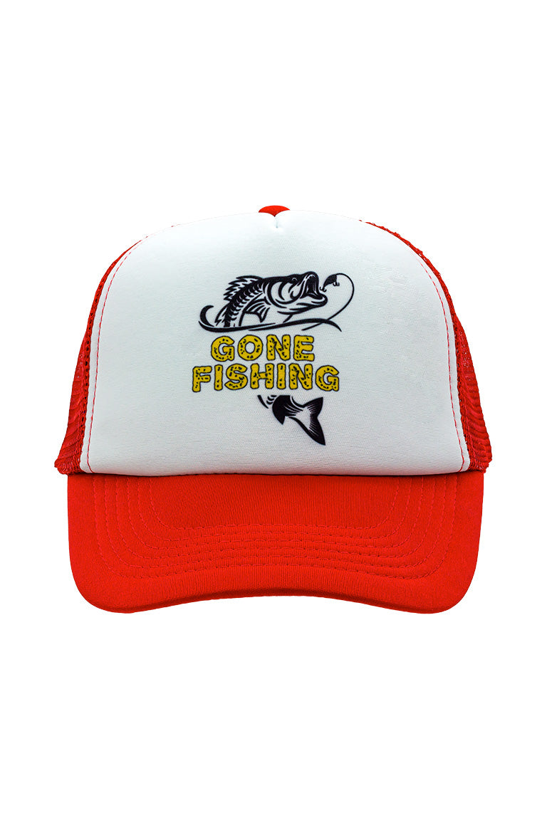 Front view of a foam trucker hat that is white and red. With a design of a bass fish with the text "Gone Fishing"