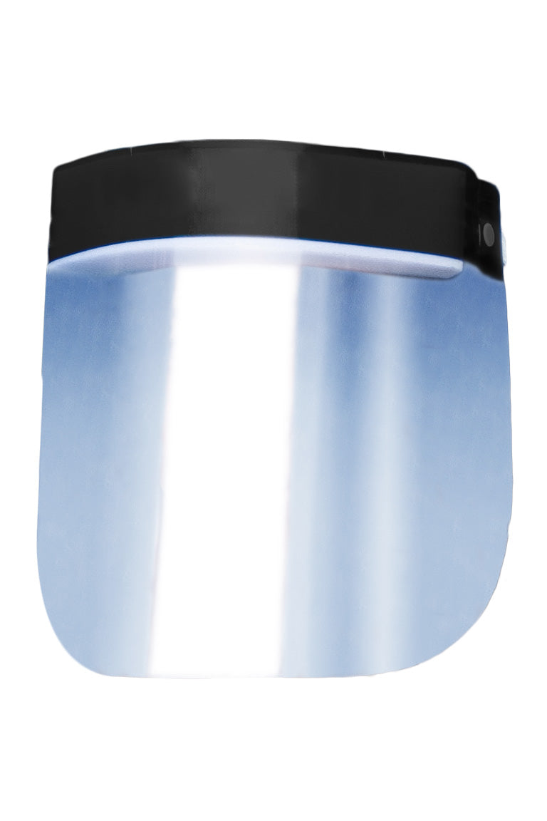 An adult size face shield with a black stripe at the top of the product