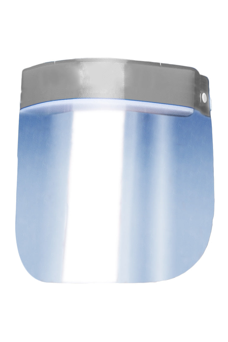 An adult size face shield with a gray stripe at the top of the product