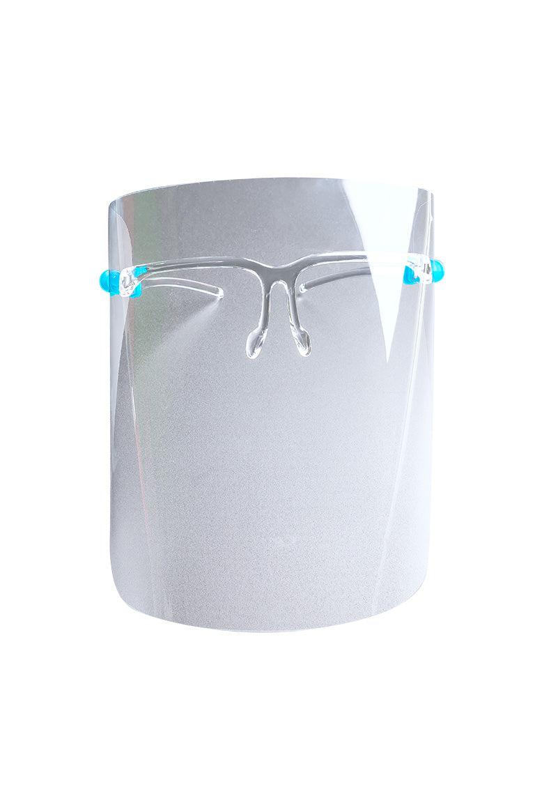 A clear face sheild with an eye glass frame attached to the shield
