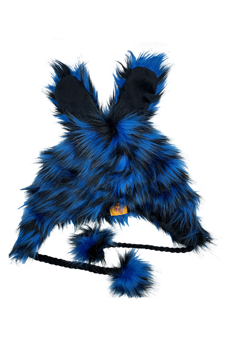 A blue fashion hat with the imitated design of a bunny
