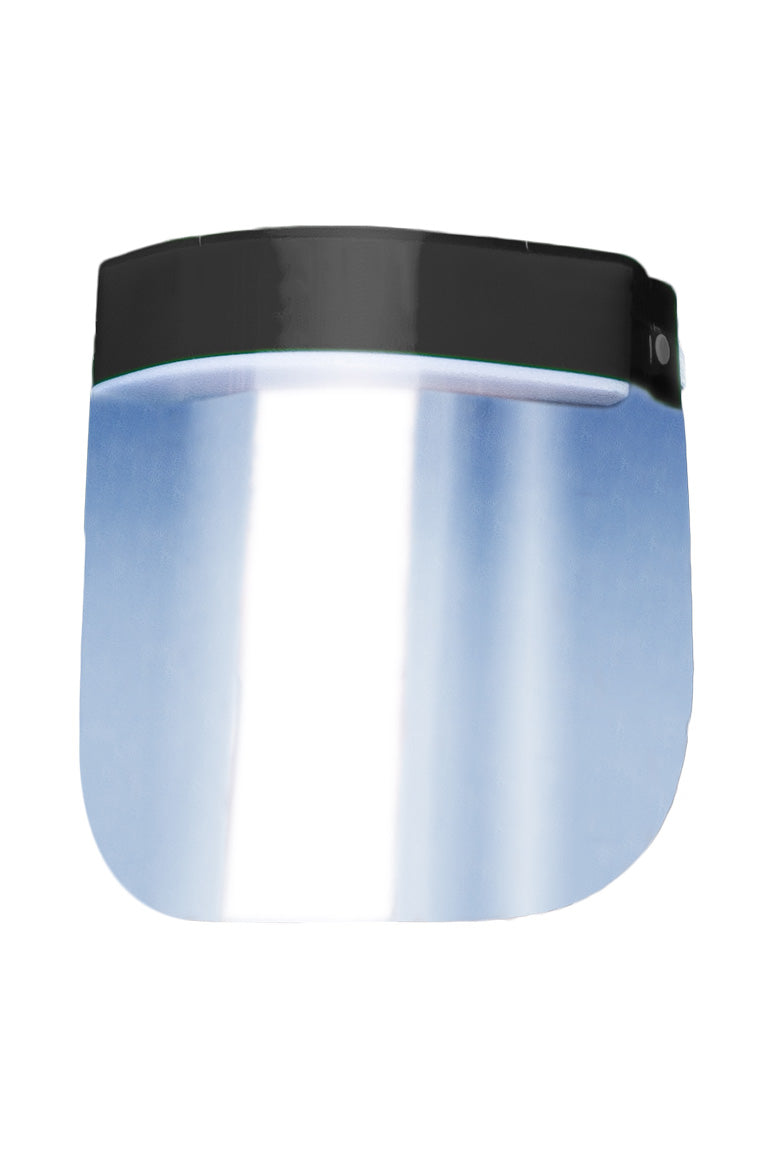 A kid face shield with a black stripe on top of the product