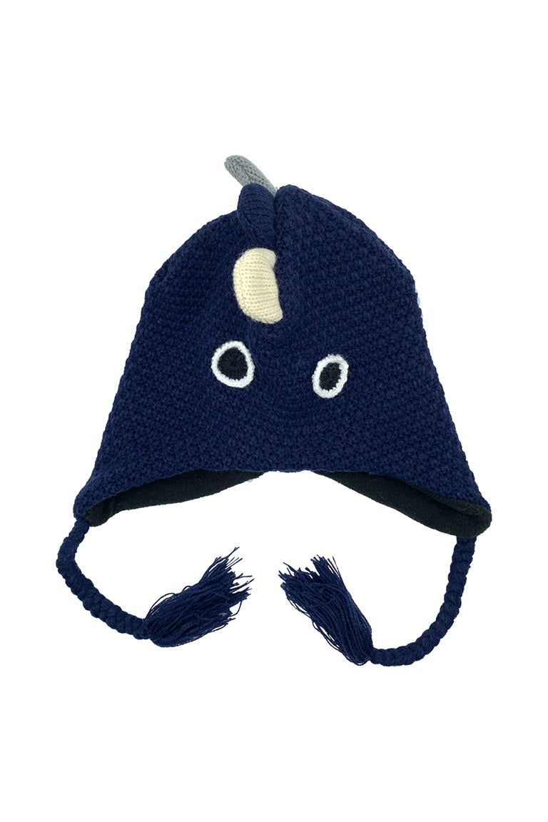 A kids size knitted hat with a design of a navy dinosaur
