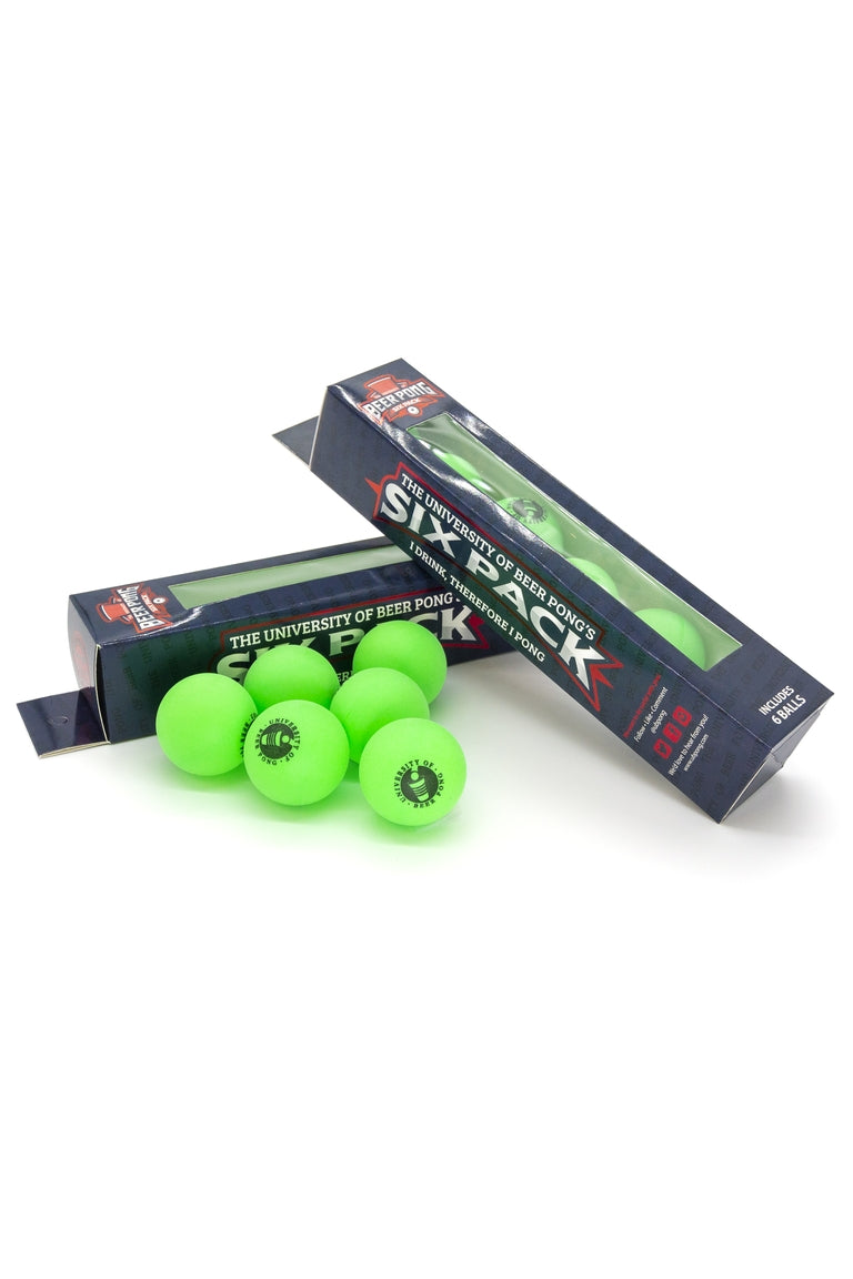 Beer pong balls in navy packaging. Color of beer pongs are neon green