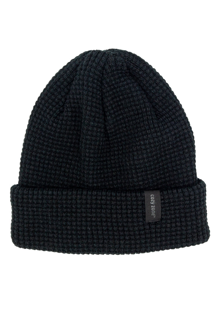 A black beanie with a texture feel