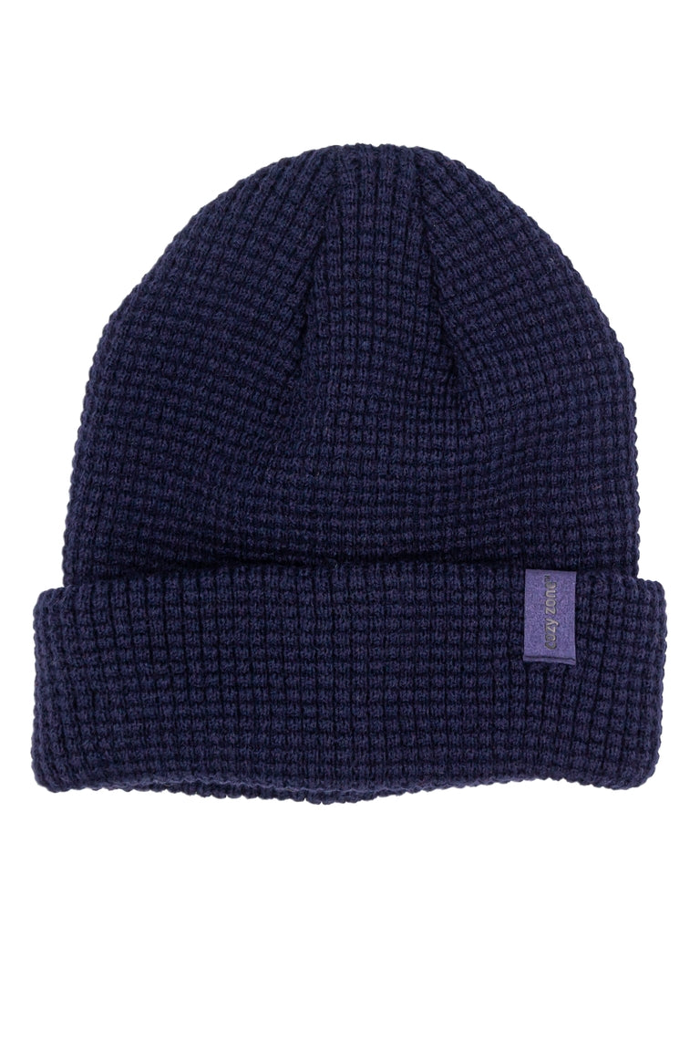 A navy beanie with a texture feel