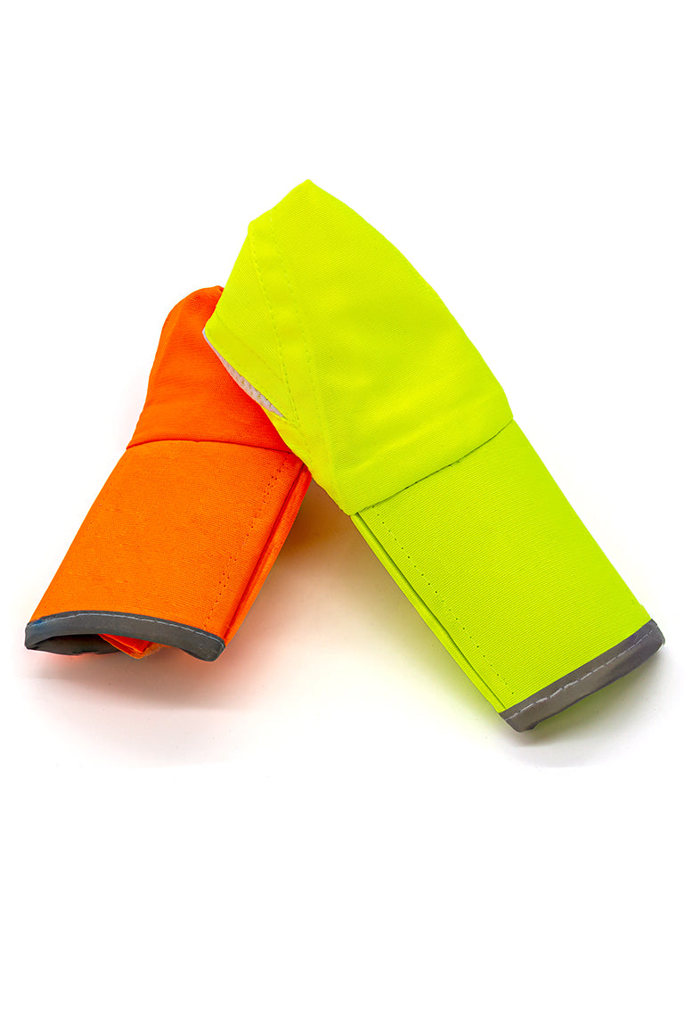 Two hats folded down. One is colored orange the other is colored yellow