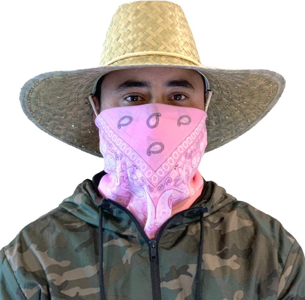 Model wearing light pink bandana