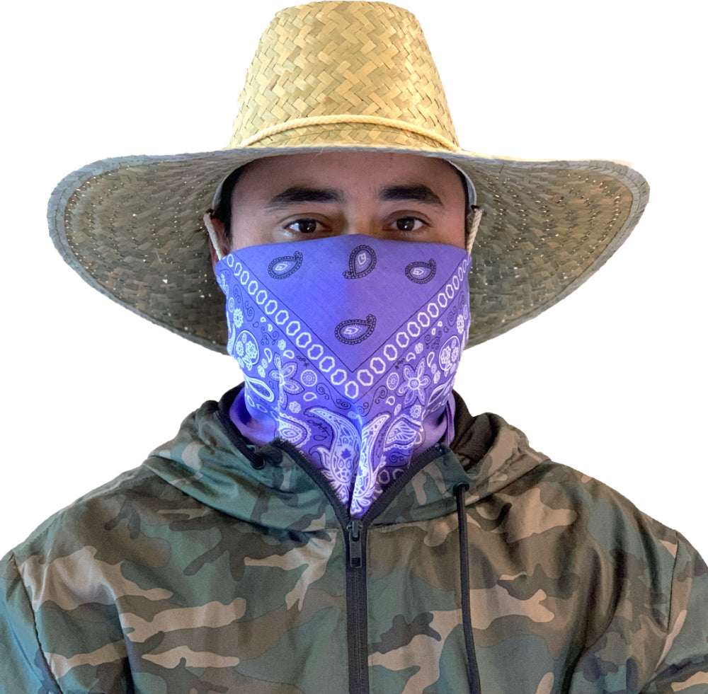 Model wearing light purple bandana