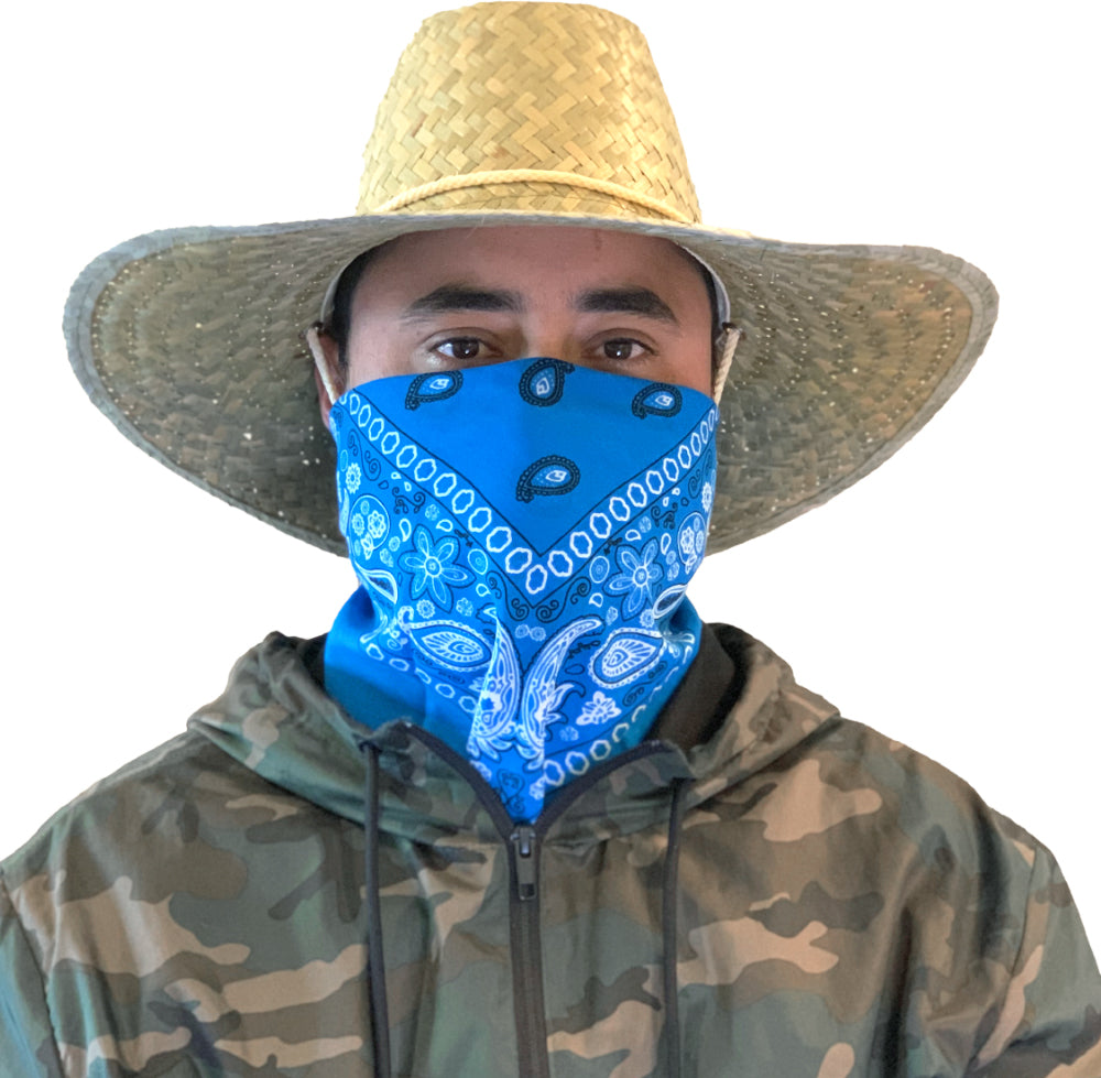 Model wearing light blue bandana