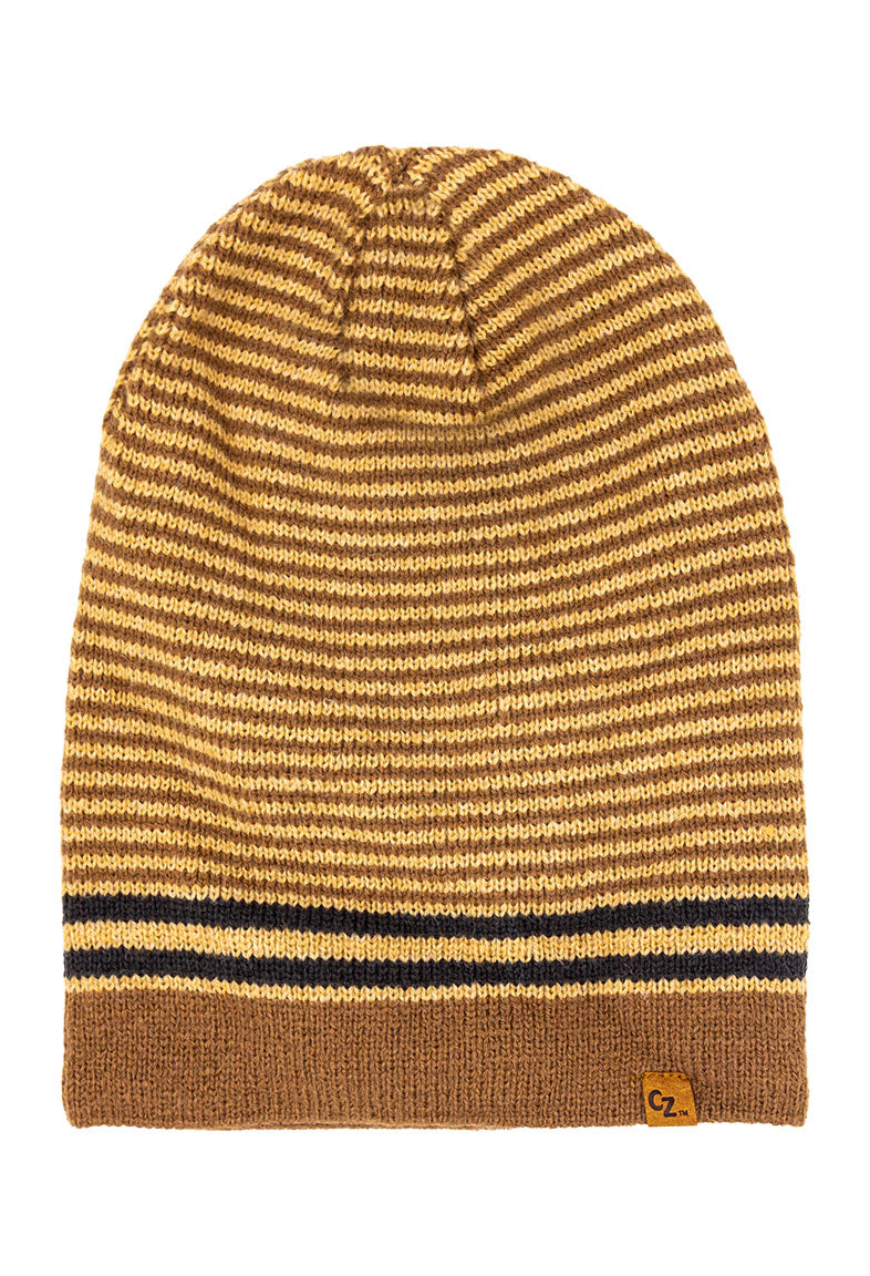 A brown beanie with two black stripes at the base of the cap