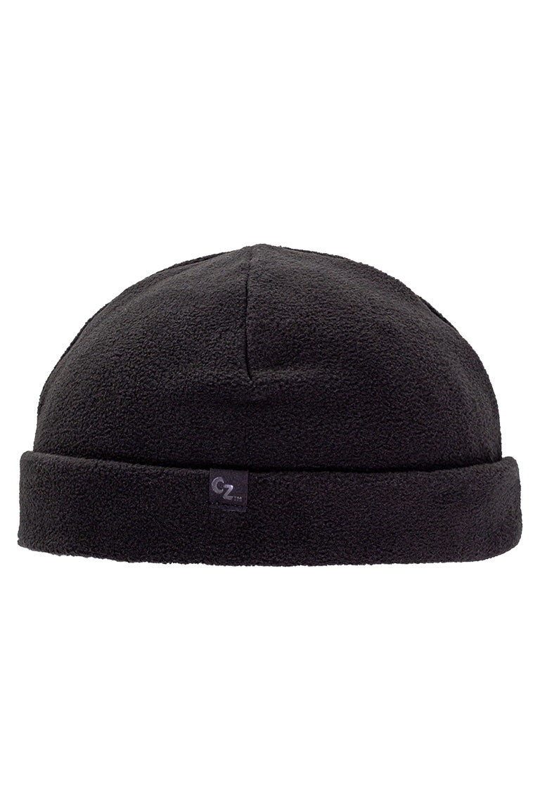 A fleece beanie cap that is all black colored