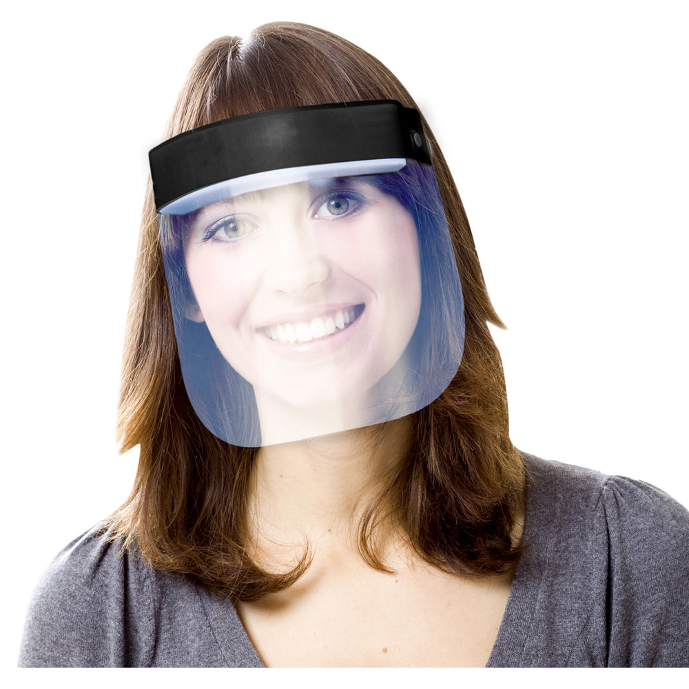 A female model wearing an adult face shield