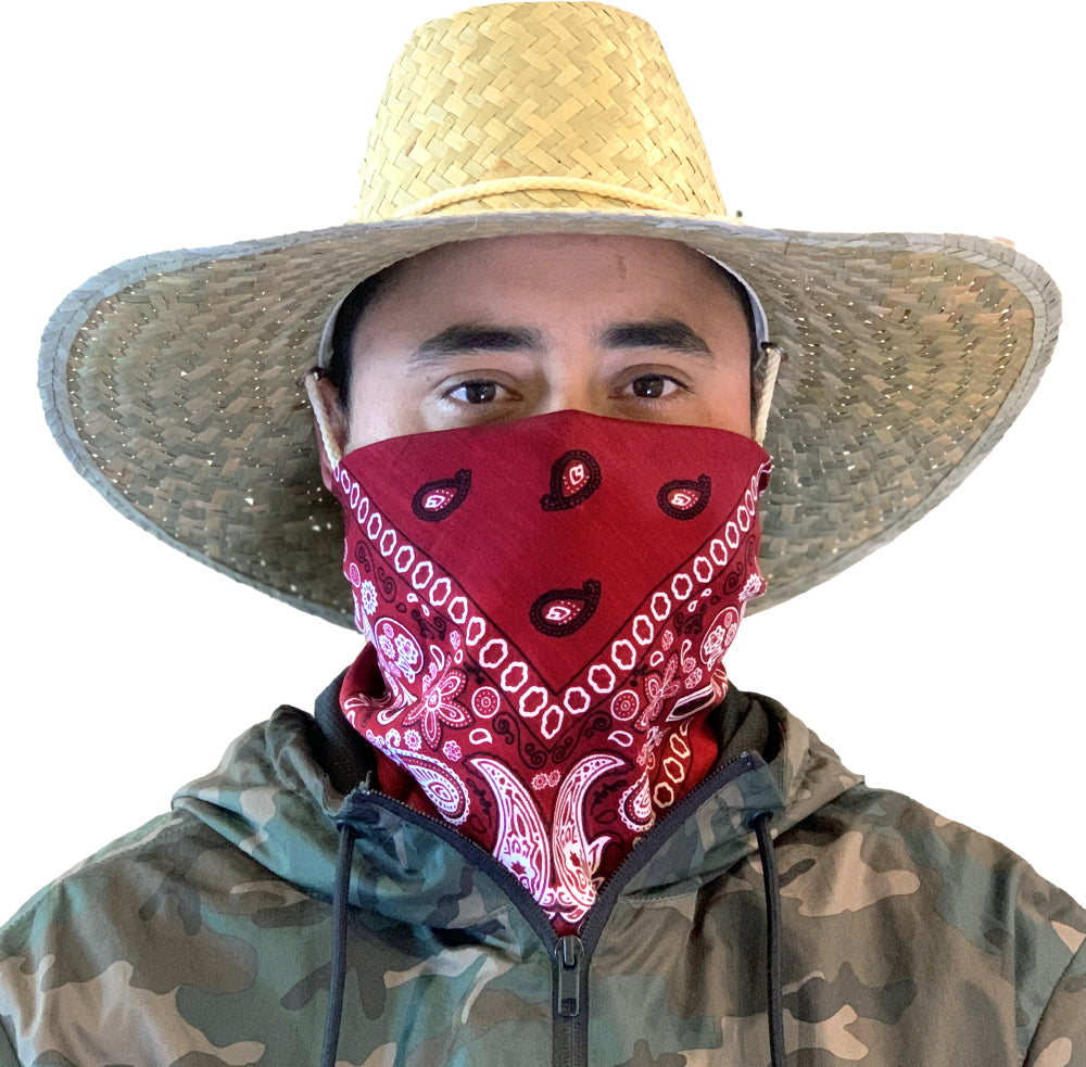 Model wearing burgundy bandana