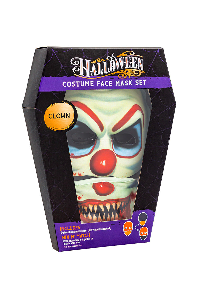 A 2 piece face mask of an clown design. One piece to cover the eyes and nose. The other separate piece to cover the mouth inside a coffin shaped packaging box.