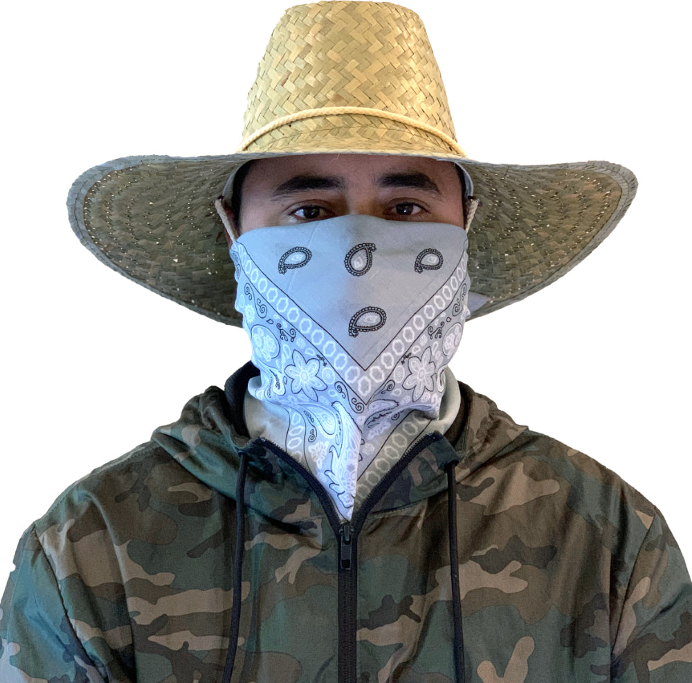 Model wearing gray bandana