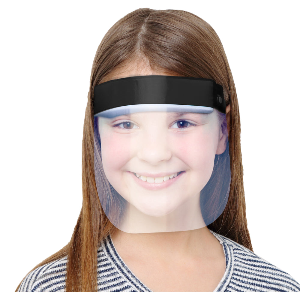 A child model wearing a kid face shield
