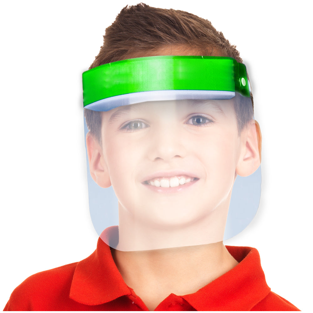 A child model wearing a kid face shield