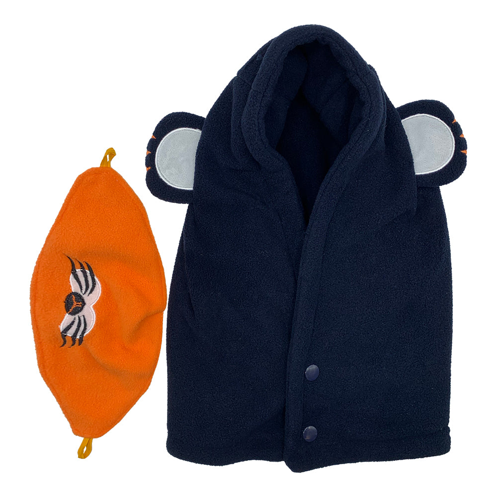 The fleece hood detached from the face mask