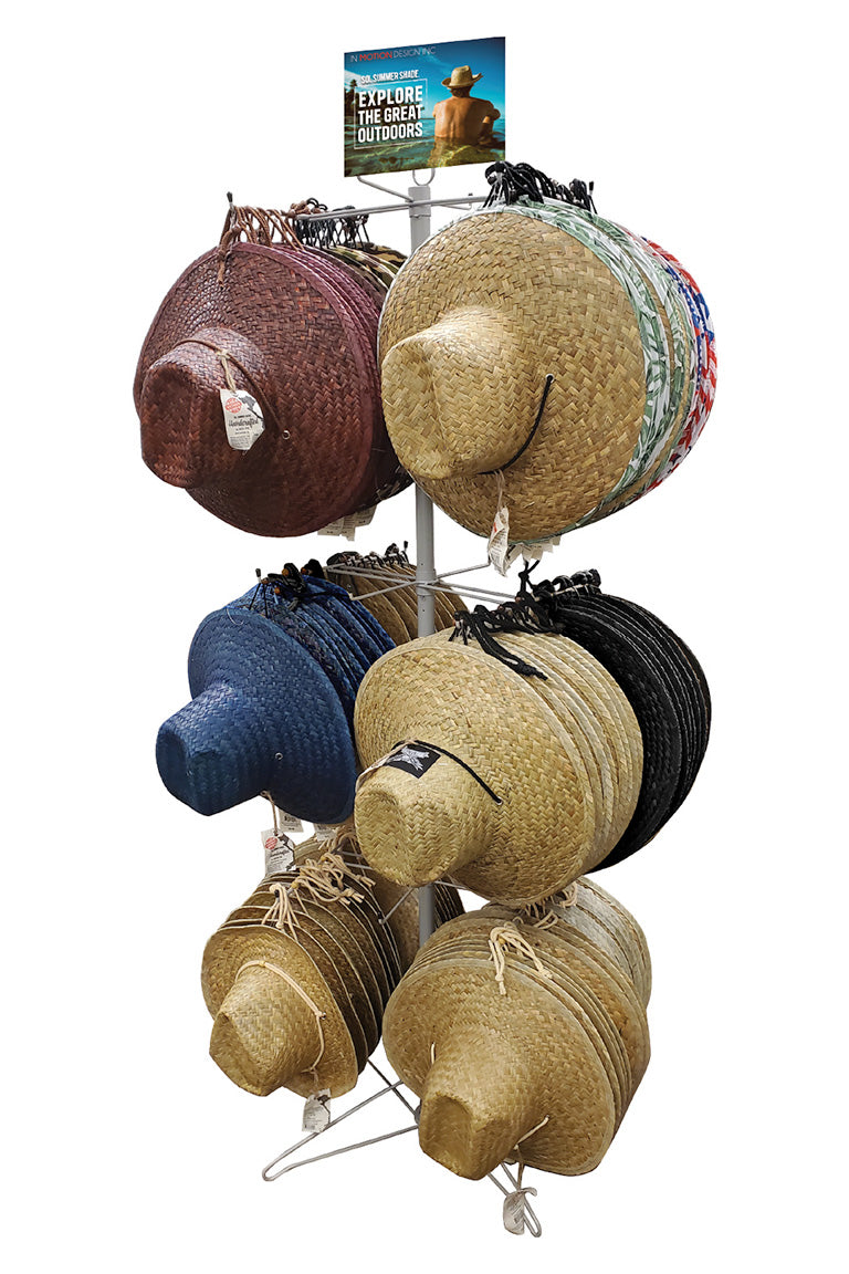 A display of various straw hats on a spinner display with a graphic signage on top.