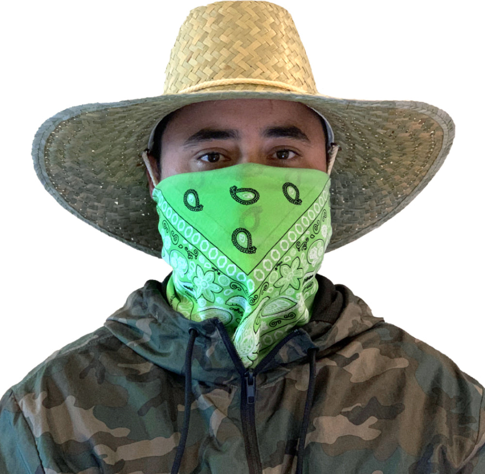 Model wearing light green bandana