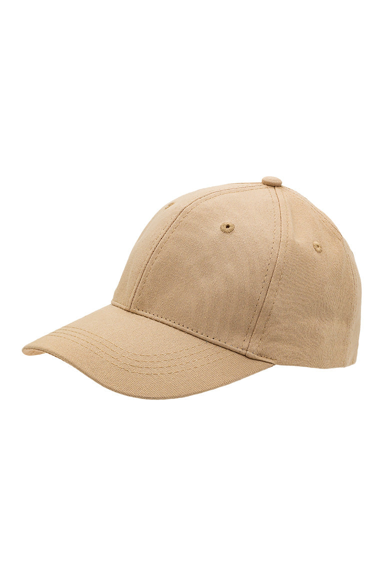 Side view of beige colored baseball hat