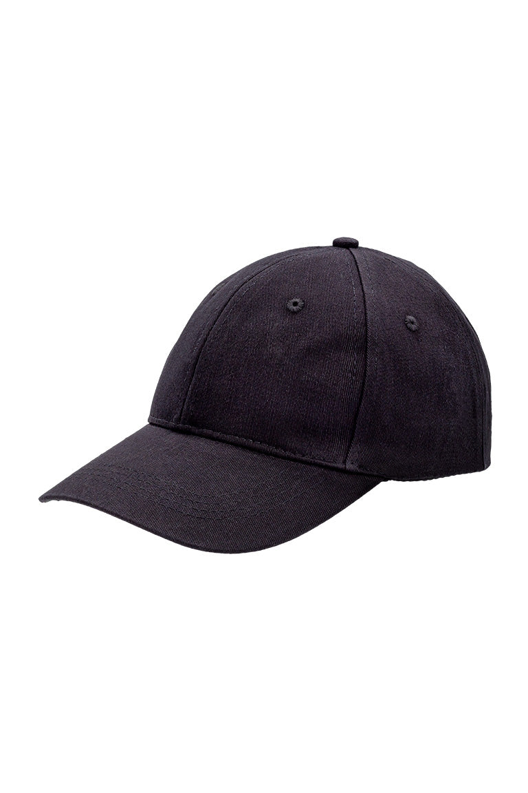 Side view of black colored baseball hat