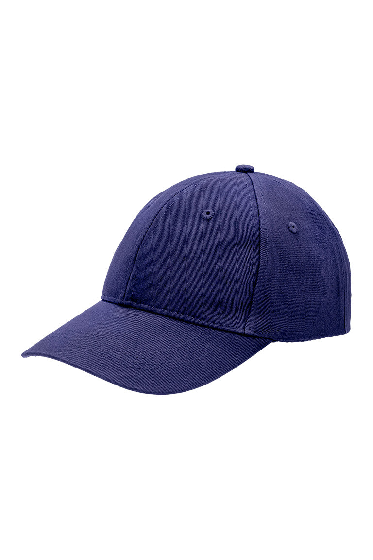 Side view of navy colored baseball hat