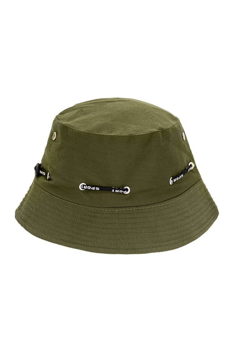 Side view of the bucket hat. Entire color is green with a black strech band with the word sport repeated around the band.