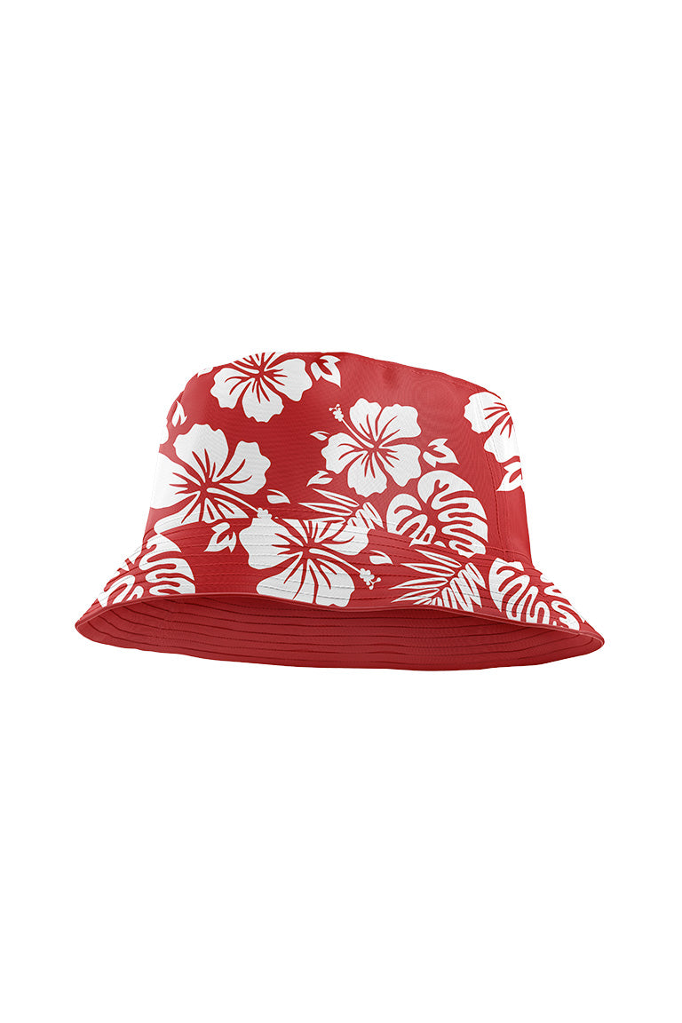 One size floppy bucket hat with hawaiian pattern design. Color is red with white floral graphics around the hat