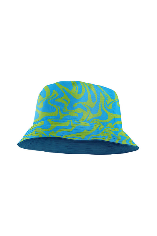 One size floppy bucket hat with funky swirl pattern design. Color is light blue and light green.