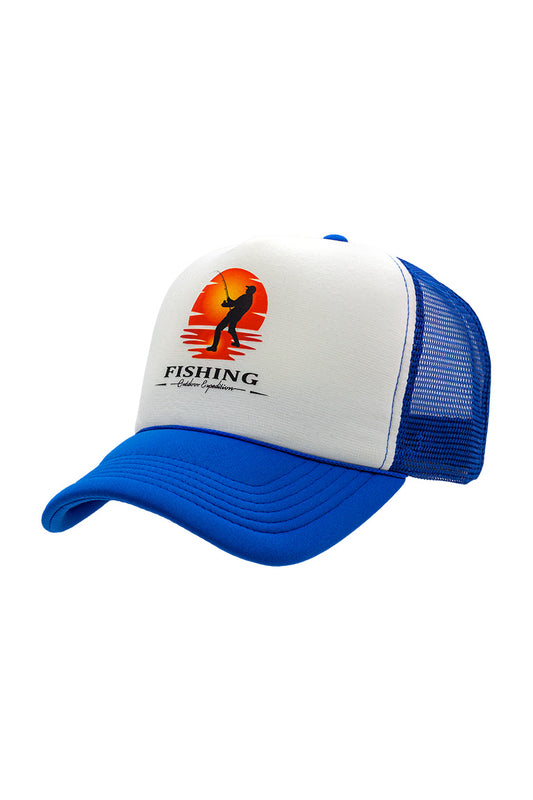 Side view of foam trucker hat with blue visor and white foam top. Breathable mesh in back of hat. Design on cap of a fisherman in front of an orange sunset with the word fishing underneath.