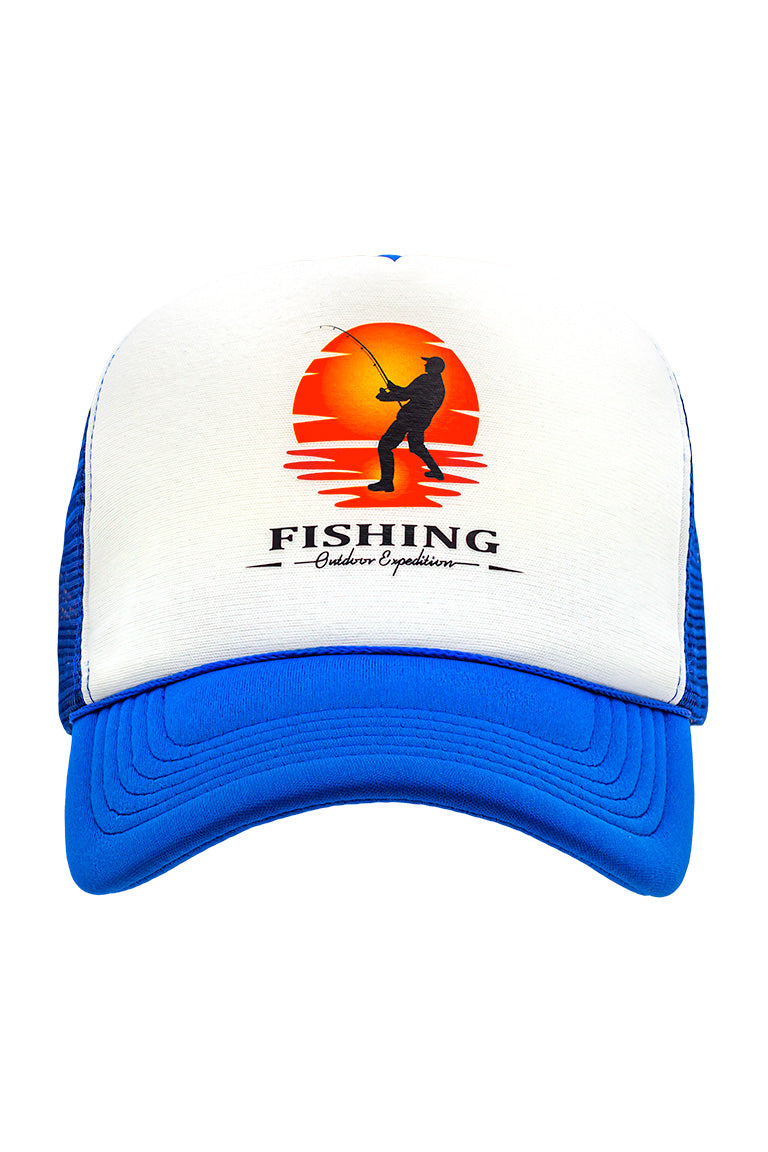 Front view of foam trucker hat with blue visor and white foam top. Breathable mesh in back of hat. Design on cap of a fisherman in front of an orange sunset with the word fishing underneath.