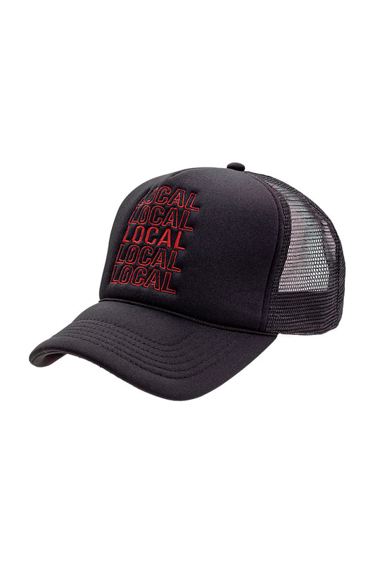 Side view of foam trucker hat with black color. Breathable mesh in back of hat. The word "Local" in red embroidered on hat in a reapeated pattern on fron of hat.