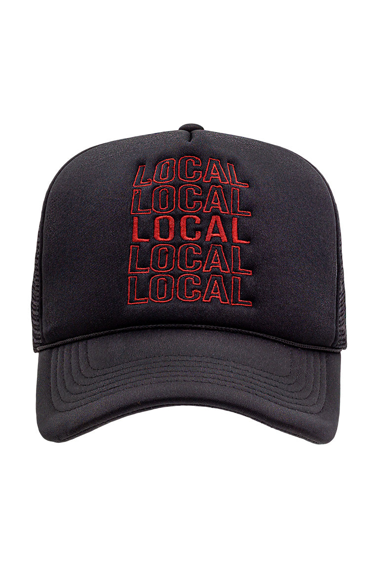 Front view of foam trucker hat with black color. Breathable mesh in back of hat. The word "Local" in red embroidered on hat in a reapeated pattern on fron of hat.