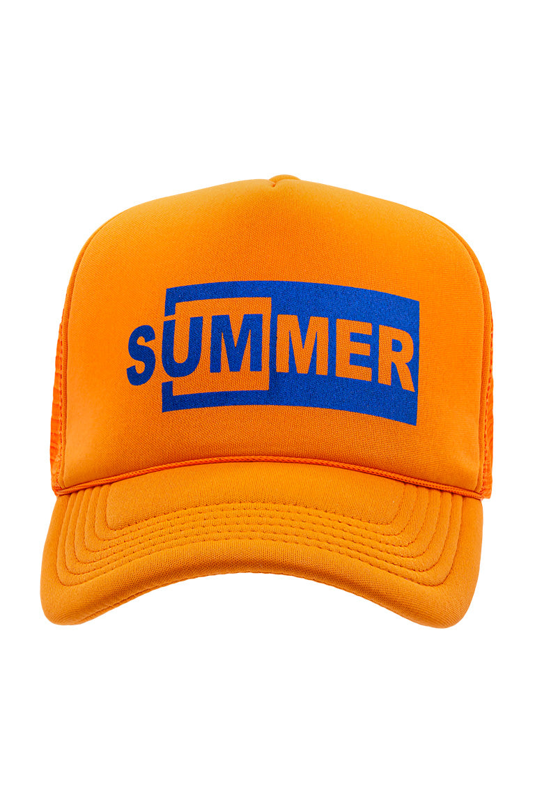 Side view of foam trucker hat with orange visor and orange foam top. Breathable mesh in back of hat. Design on cap of the word summer in half orange and blue inside a box.
