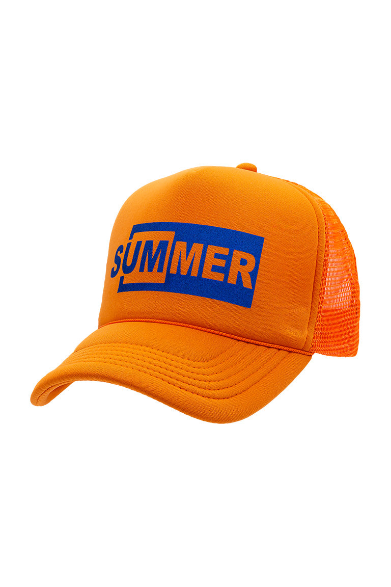 Front view of foam trucker hat with orange visor and orange foam top. Breathable mesh in back of hat. Design on cap of the word summer in half orange and blue inside a box.