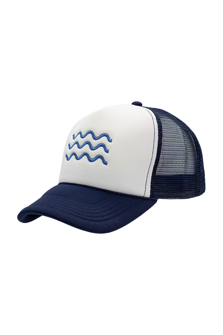Side view of foam trucker hat with blue visor and white foam top. Breathable mesh in back of hat. Has 3 lines stacked looking like a wave.