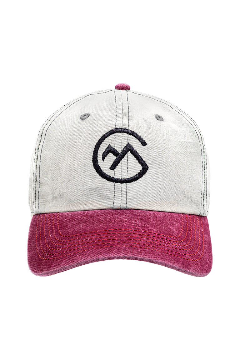 Front view of base baseball cap. Red color visor with grayish cap. With an embroidered design of a chillmeister logo
