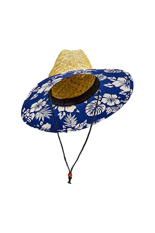 Side view of a straw hat with design pattern underneath the hat that provides shade. Has white floral images scattered across a blue background. 