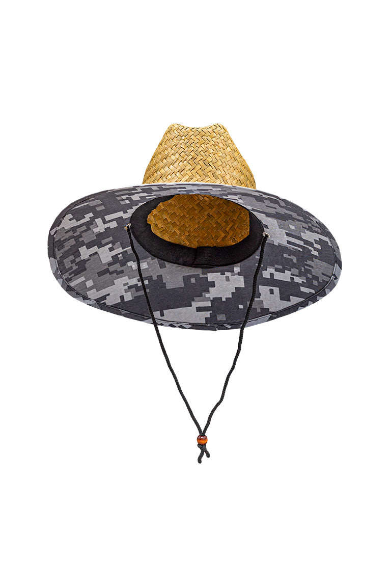 Front view of a straw hat with design pattern underneath the hat that provides shade. Has a gray and white geometric camo pattern. 