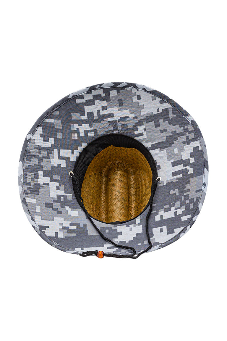 Bottom view of a straw hat with design pattern underneath the hat that provides shade. Has a gray and white geometric camo pattern.