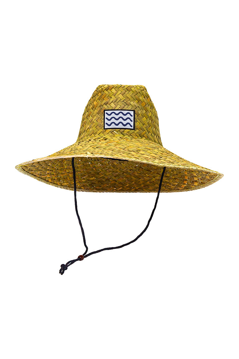 Front view of straw hat with a patch design front and center. Design is 3 lines on top each other making a wave imagery.