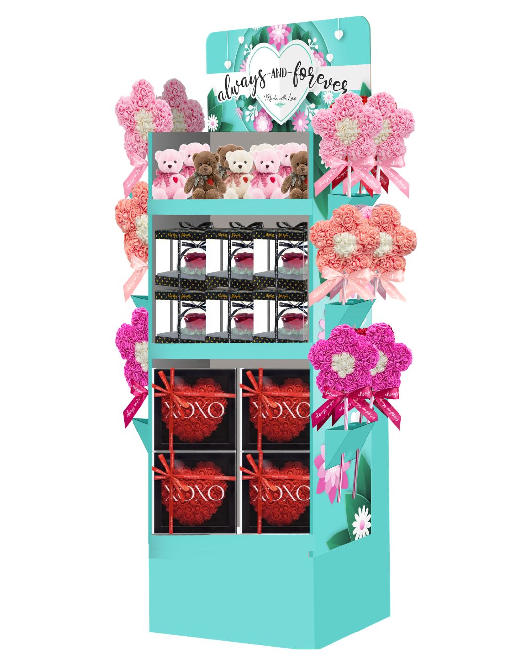 Always and Forever Mother's Day Display
Includes: plush bears (in brown, white, and pink), eternal roses, heart frames, and decorative flower lollipops (in pink, peach, and hot pink)