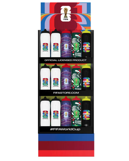 Display of FIFA World Cup merchandise with various bottles and colorful packaging.