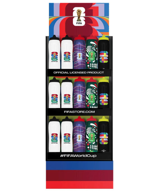 Display of FIFA World Cup merchandise with various bottles and colorful packaging.