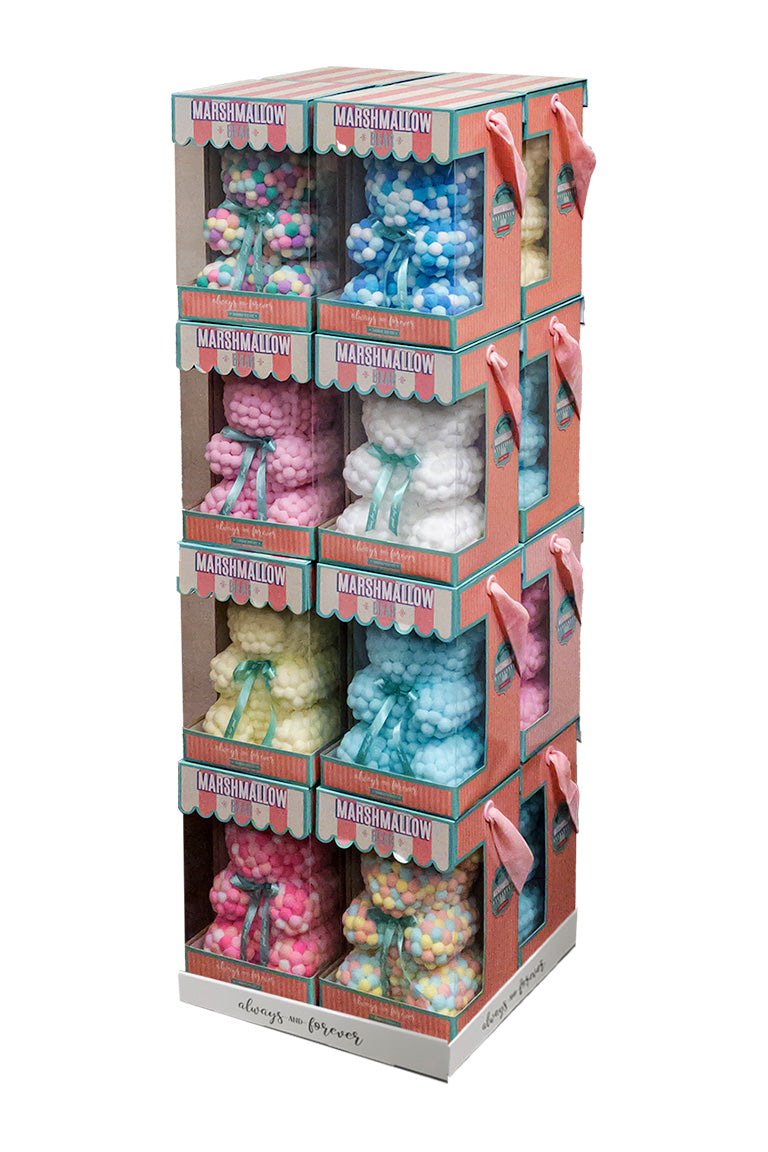 A 16 count display of marshamallow bears stacked upon each other. Eight boxes on one side another eight behind it.